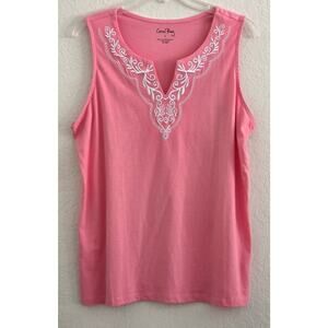 Top/Blouse-Coral Bay-Pink/Coral-White Embroidery-Sleeveless-Size Large